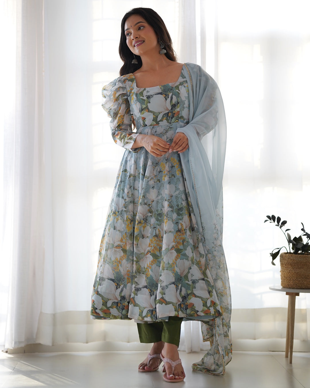 Floral Grace – Pure Organza Silk Kali Set with Dupatta & Pant