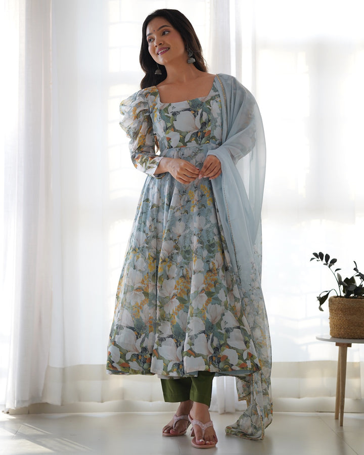 Floral Grace – Pure Organza Silk Kali Set with Dupatta & Pant