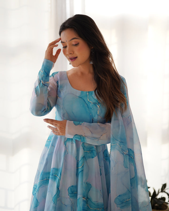 Elegant Sky Blue Anarkali Dress in Pure Organza Fabric