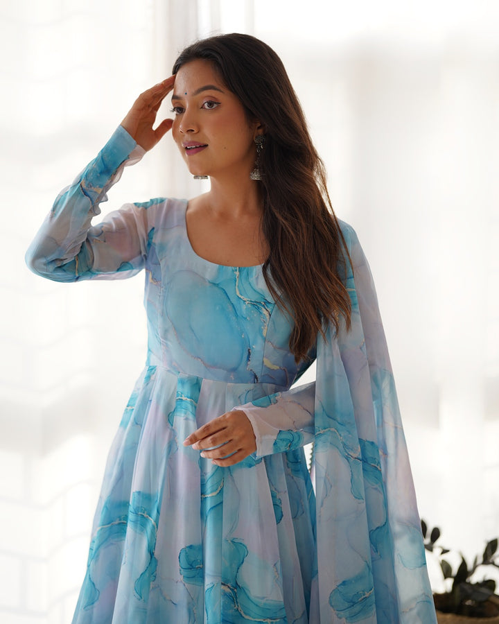 Elegant Sky Blue Anarkali Dress in Pure Organza Fabric