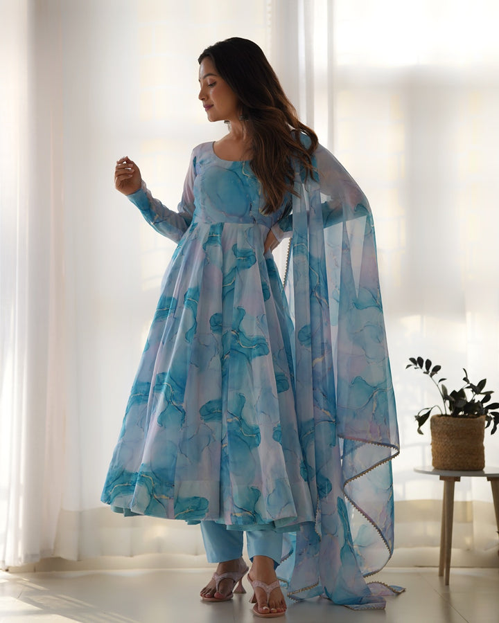 Elegant Sky Blue Anarkali Dress in Pure Organza Fabric