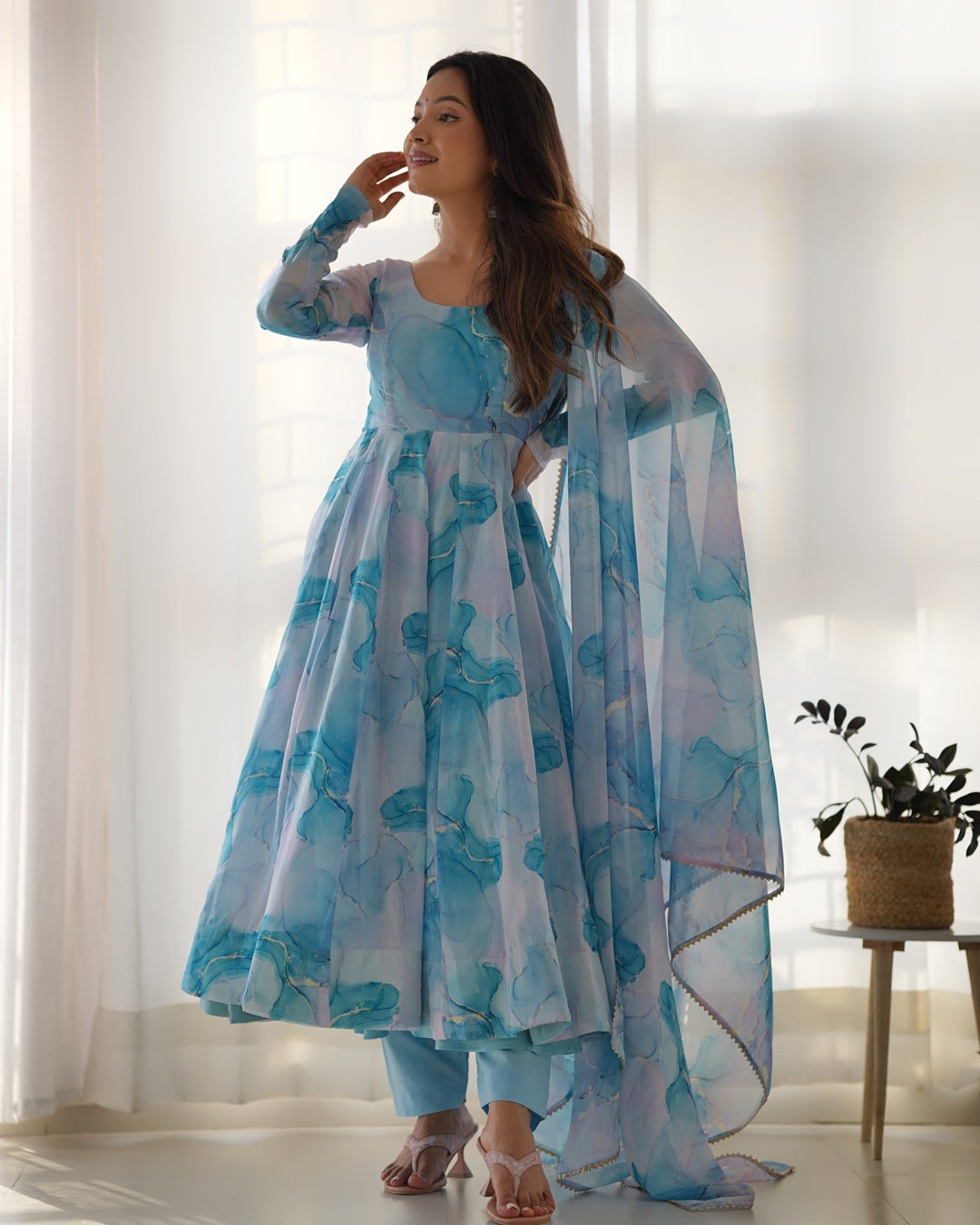 Elegant Sky Blue Anarkali Dress in Pure Organza Fabric