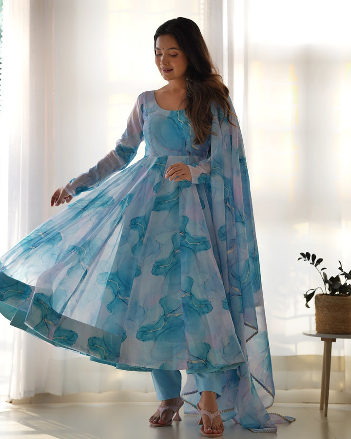 Elegant Sky Blue Anarkali Dress in Pure Organza Fabric