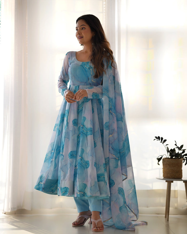Elegant Sky Blue Anarkali Dress in Pure Organza Fabric