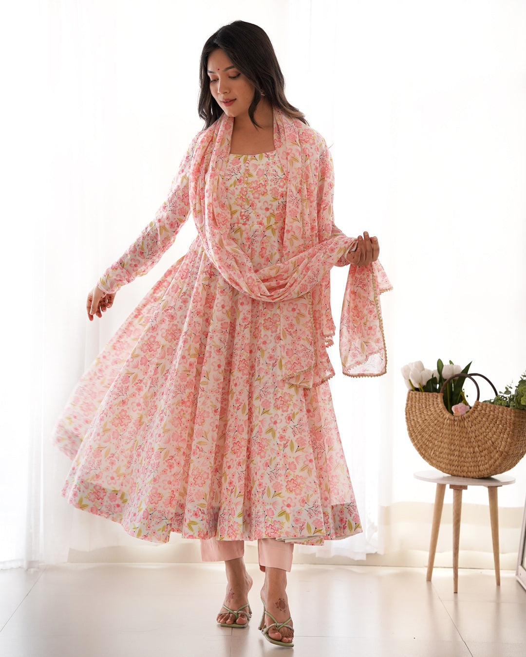 Beautiful Peach Multi Color Chiffon Three Piece Anarkali Suit