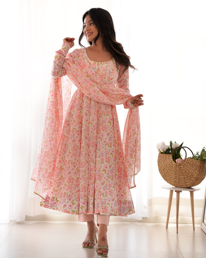 Beautiful Peach Multi Color Chiffon Three Piece Anarkali Suit