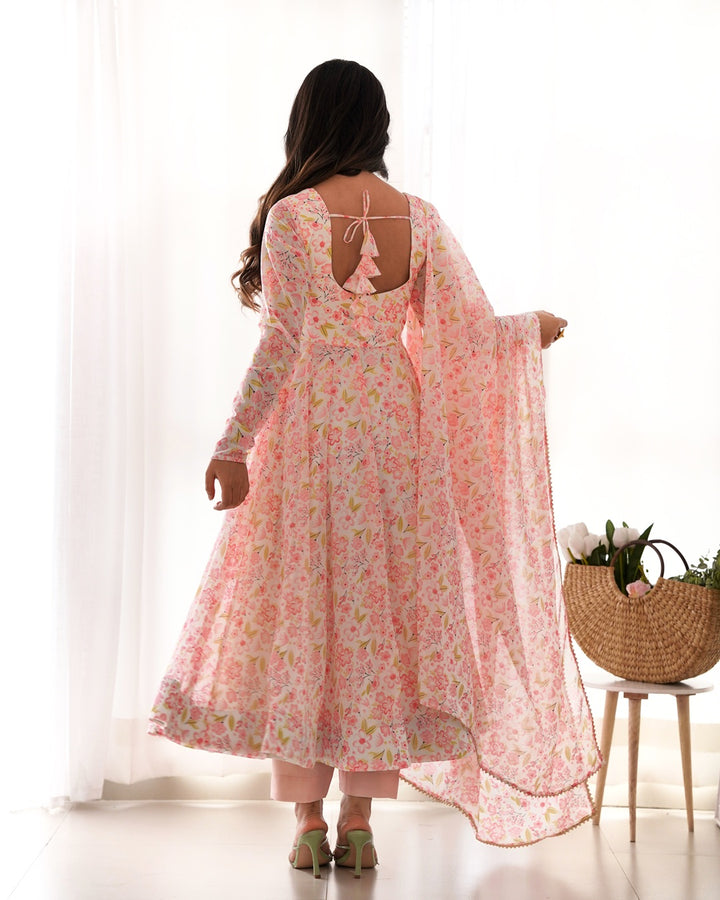 Beautiful Peach Multi Color Chiffon Three Piece Anarkali Suit