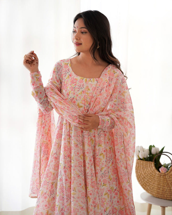 Beautiful Peach Multi Color Chiffon Three Piece Anarkali Suit
