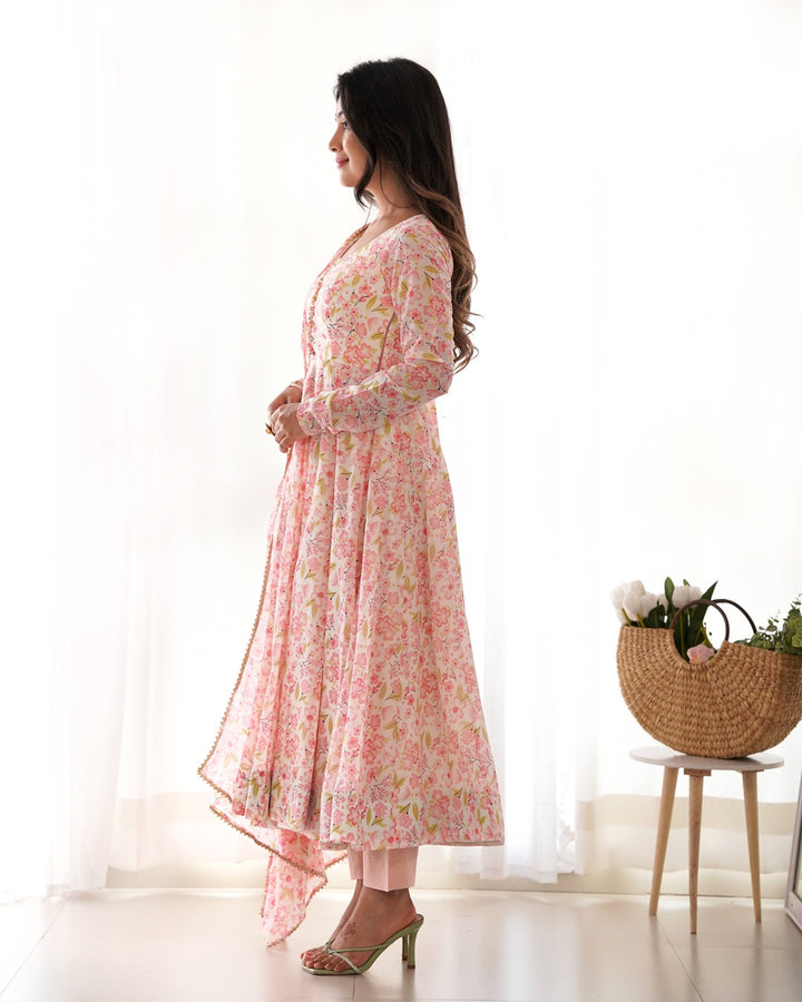 Beautiful Peach Multi Color Chiffon Three Piece Anarkali Suit