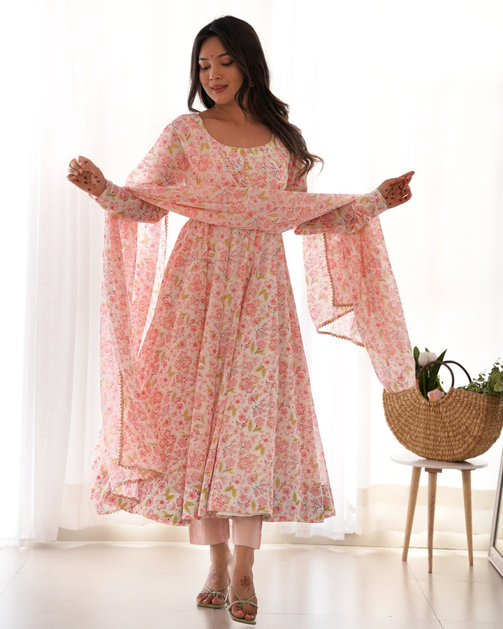 Beautiful Peach Multi Color Chiffon Three Piece Anarkali Suit