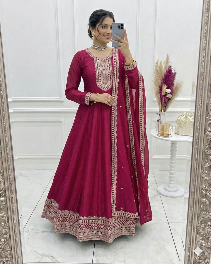 Dark Pink Pure Vichitra Embroidered Gown | Royal Designer Edition