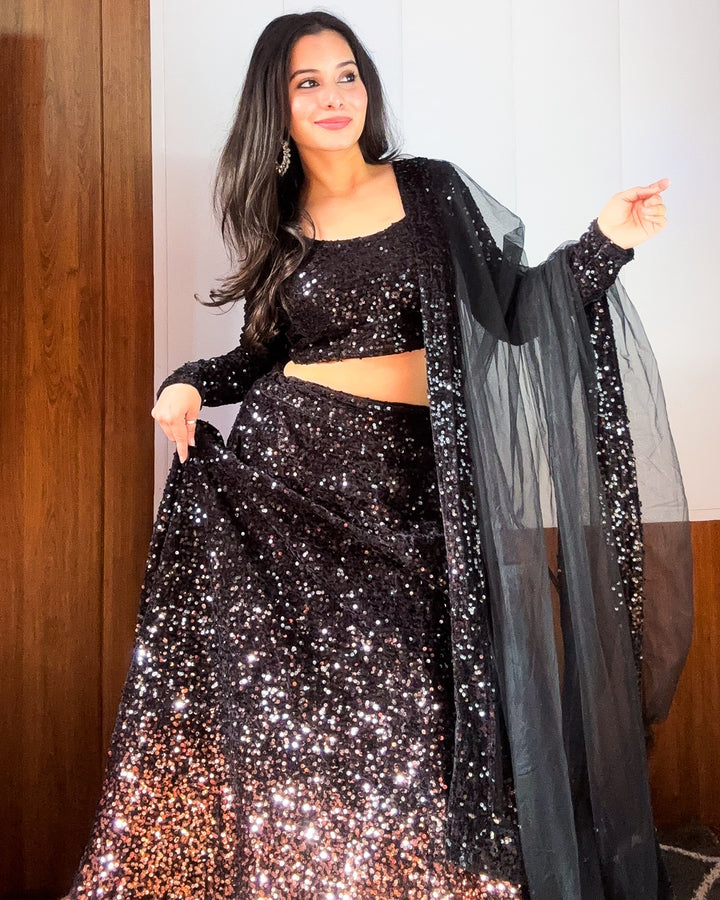 Partywear Black Velvet Lehenga with Sequin Work