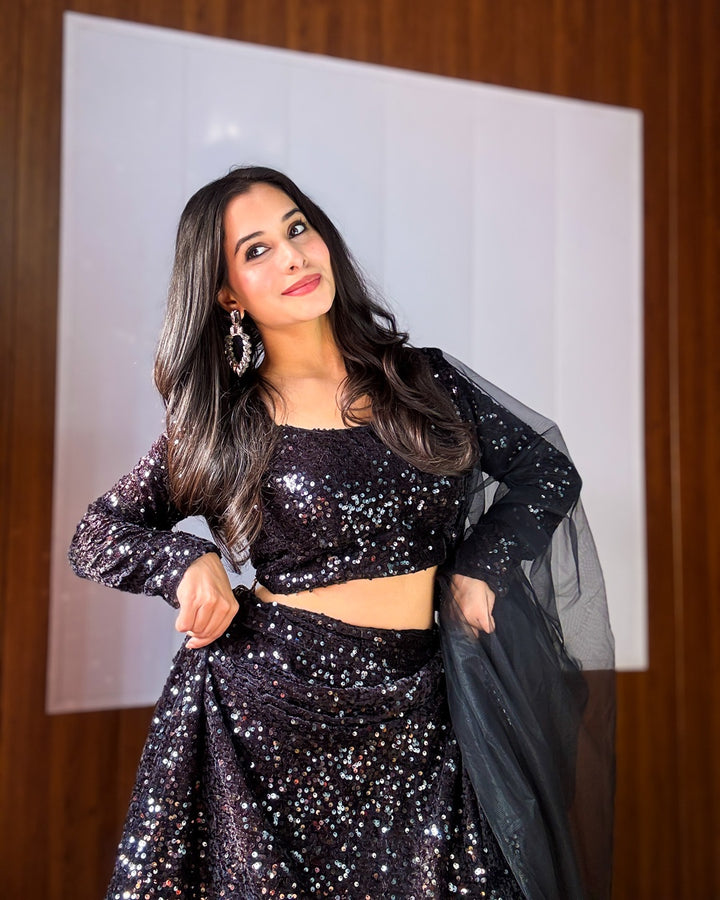 Partywear Black Velvet Lehenga with Sequin Work