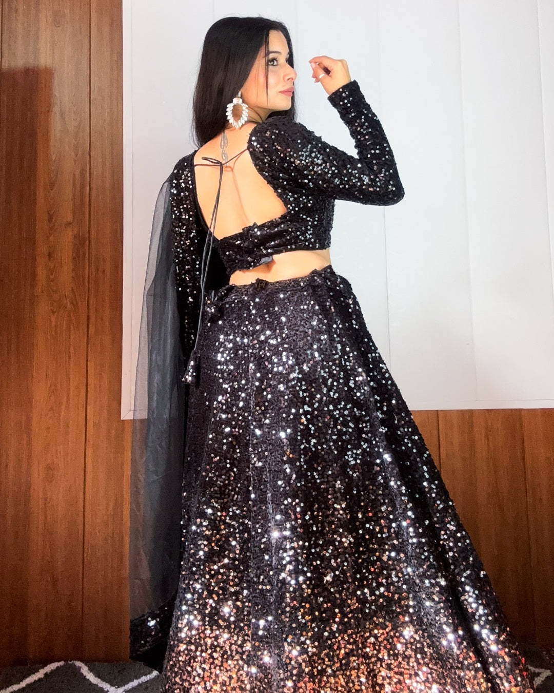 Partywear Black Velvet Lehenga with Sequin Work