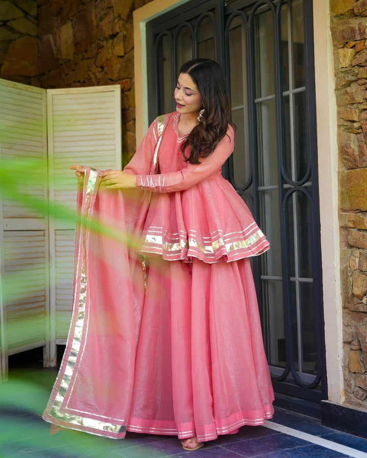 Pastel Pink Crushed Tissue Kurta with Dupatta Set