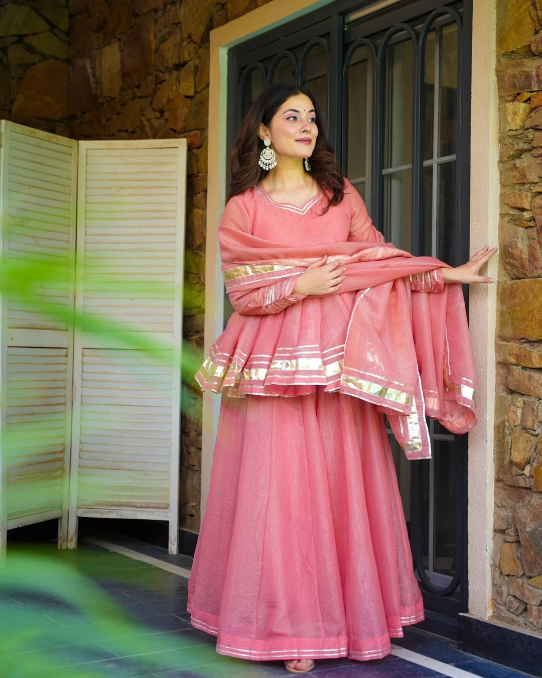 Pastel Pink Crushed Tissue Kurta with Dupatta Set