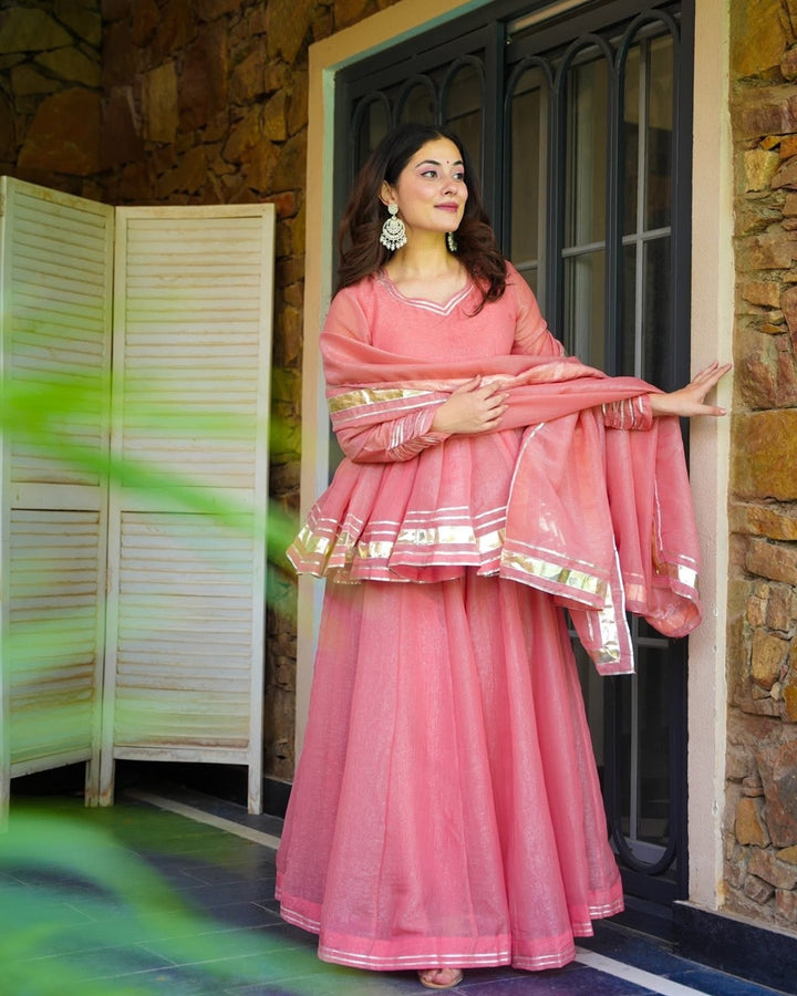 Pastel Pink Crushed Tissue Kurta with Dupatta Set