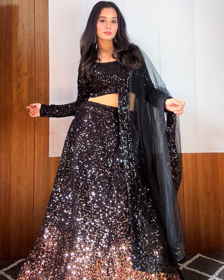 Partywear Black Velvet Lehenga with Sequin Work