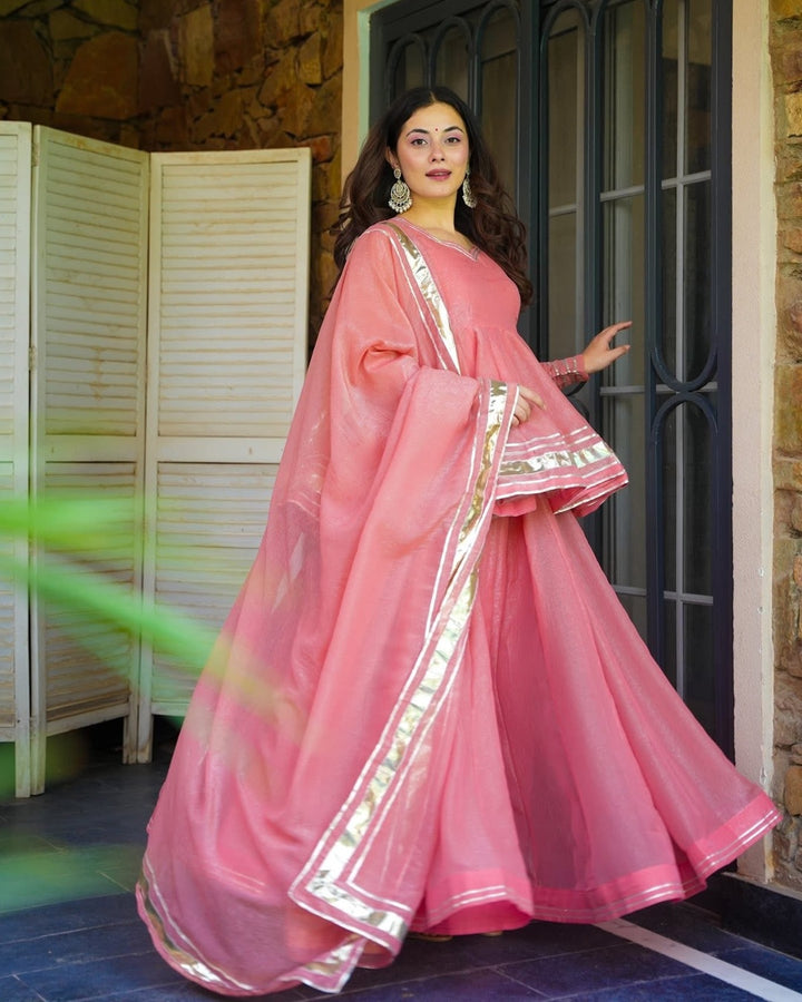 Pastel Pink Crushed Tissue Kurta with Dupatta Set