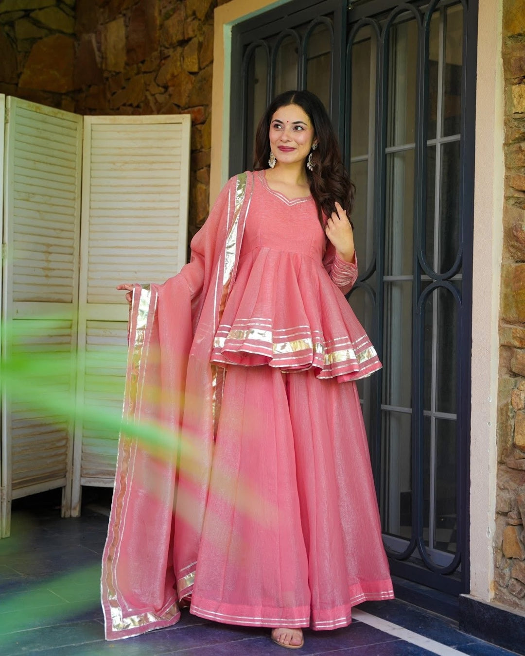 Pastel Pink Crushed Tissue Kurta with Dupatta Set