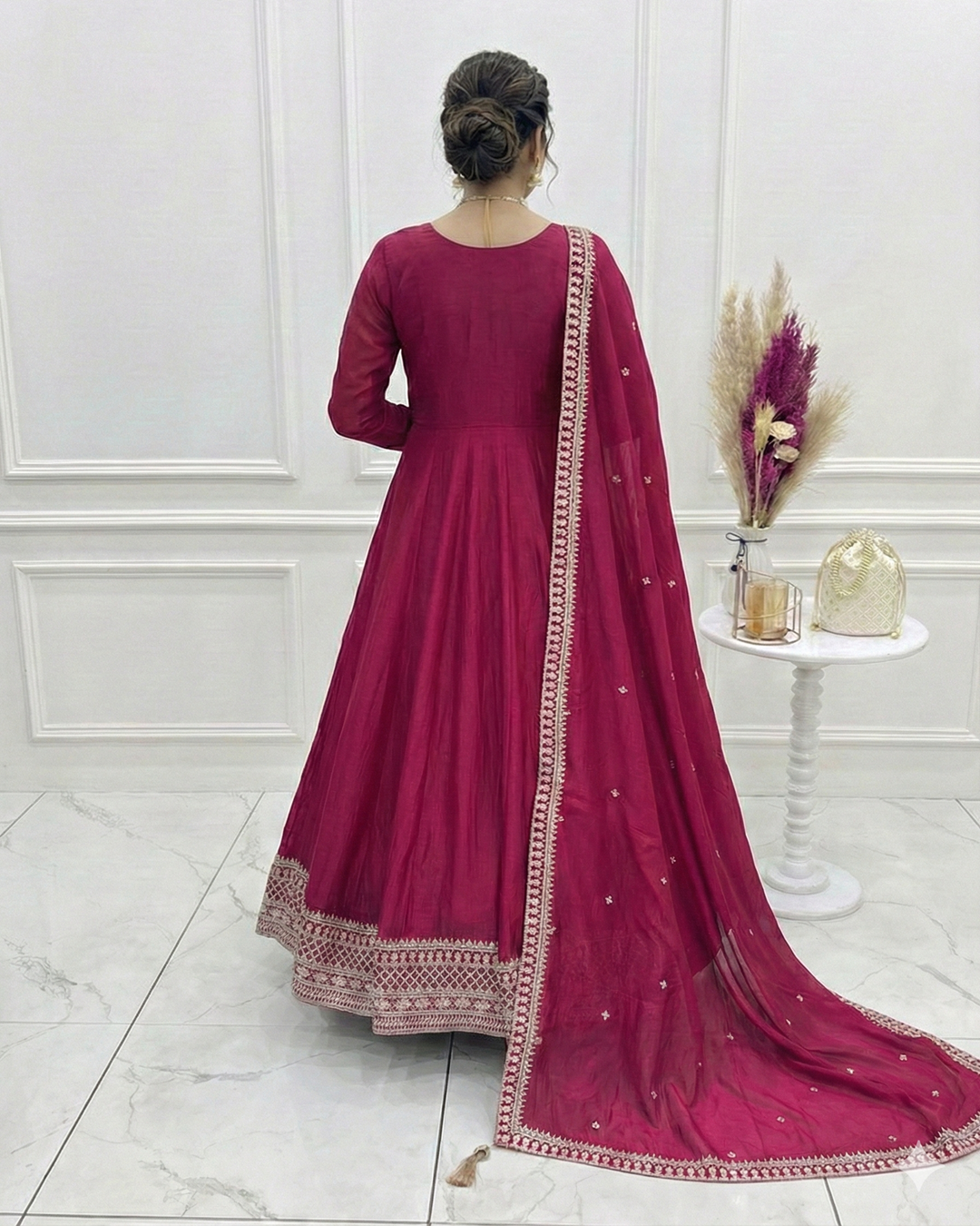 Dark Pink Pure Vichitra Embroidered Gown | Royal Designer Edition