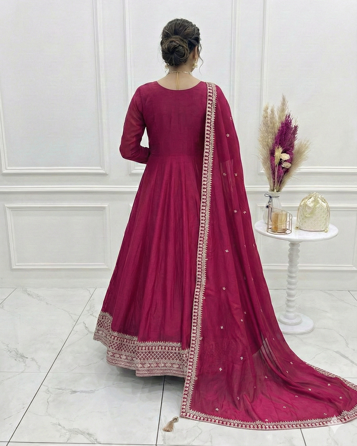 Dark Pink Pure Vichitra Embroidered Gown | Royal Designer Edition