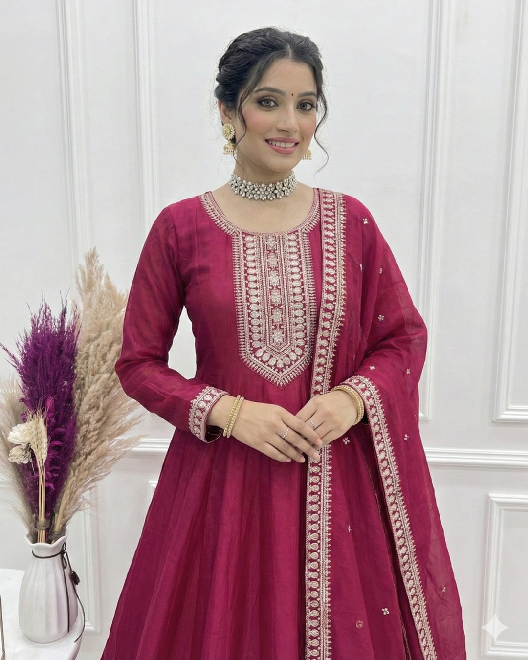 Dark Pink Pure Vichitra Embroidered Gown | Royal Designer Edition