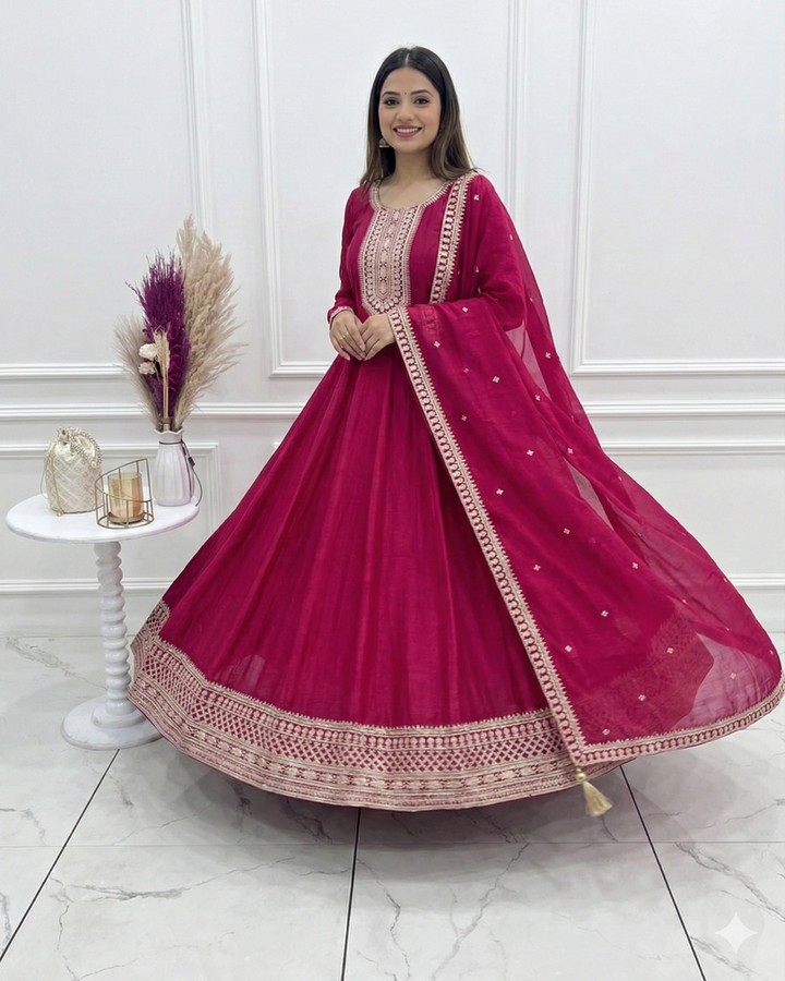 Dark Pink Pure Vichitra Embroidered Gown | Royal Designer Edition