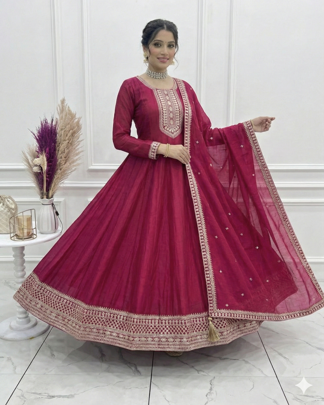 Dark Pink Pure Vichitra Embroidered Gown | Royal Designer Edition