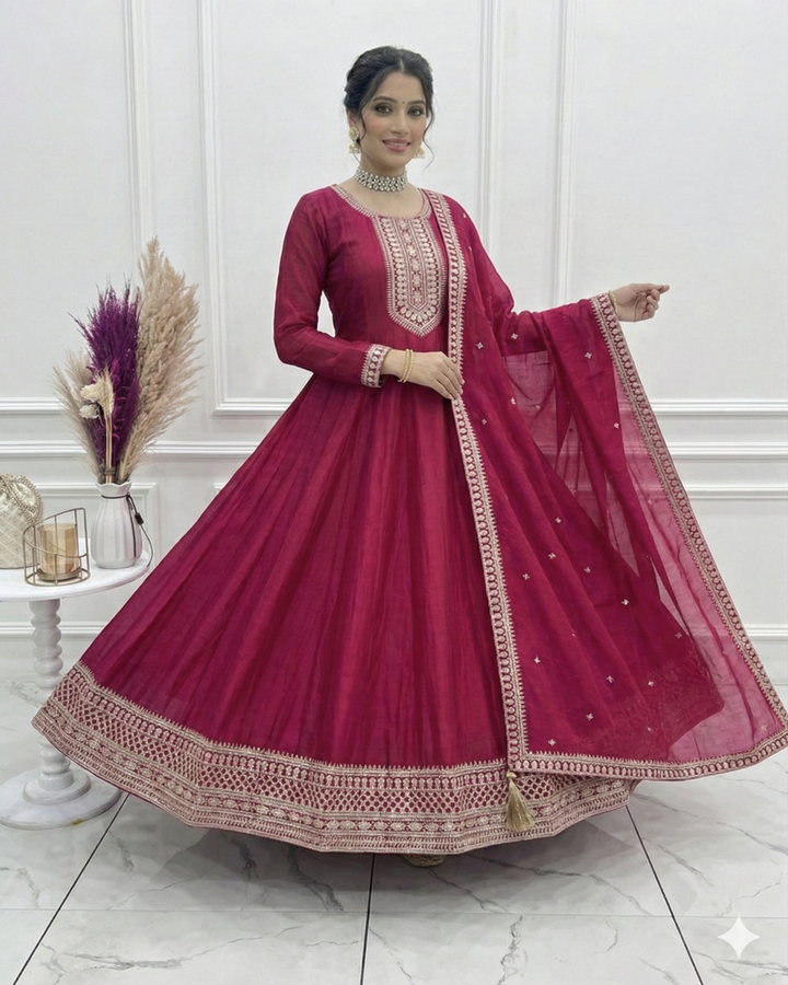 Dark Pink Pure Vichitra Embroidered Gown | Royal Designer Edition