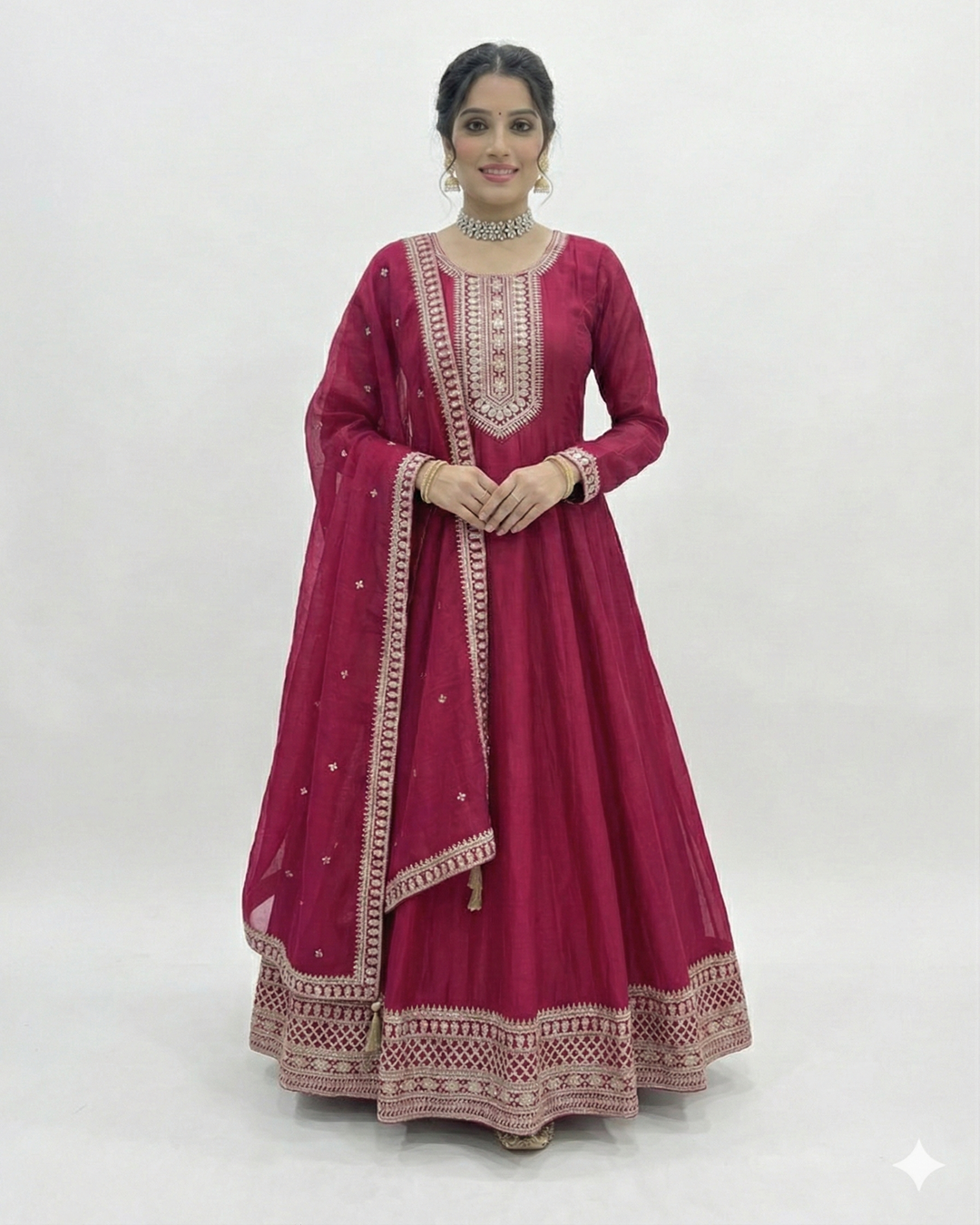 Dark Pink Pure Vichitra Embroidered Gown | Royal Designer Edition