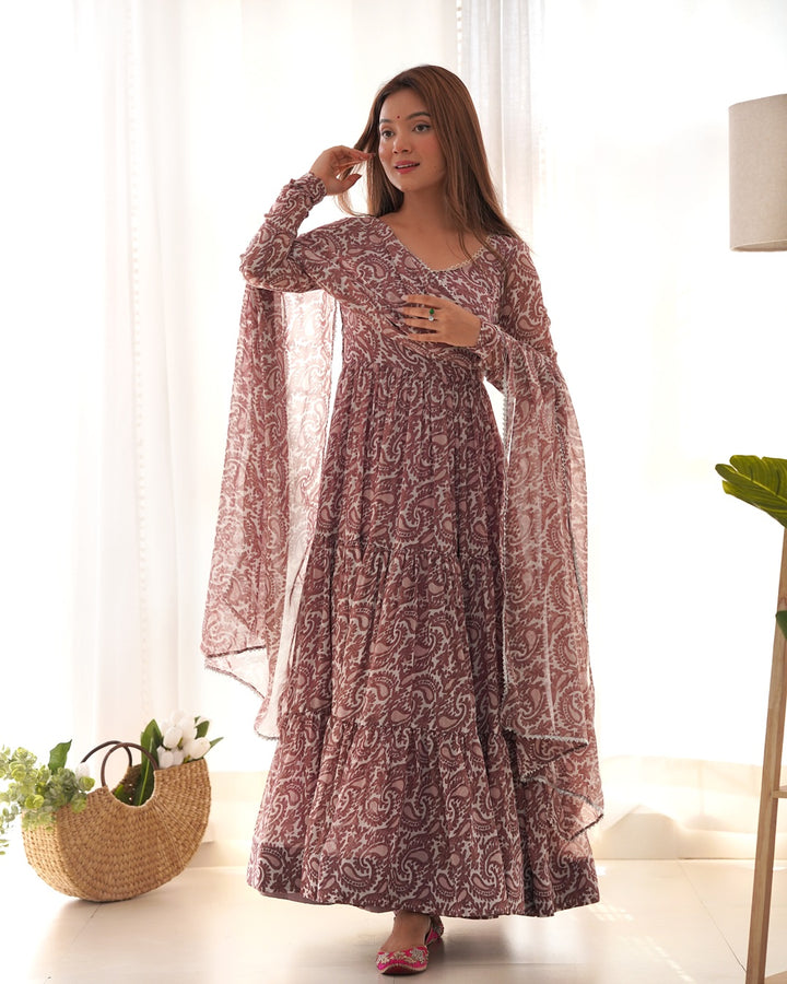 Brown Color Soft Georgette Ruffle Style Anarkali Suit