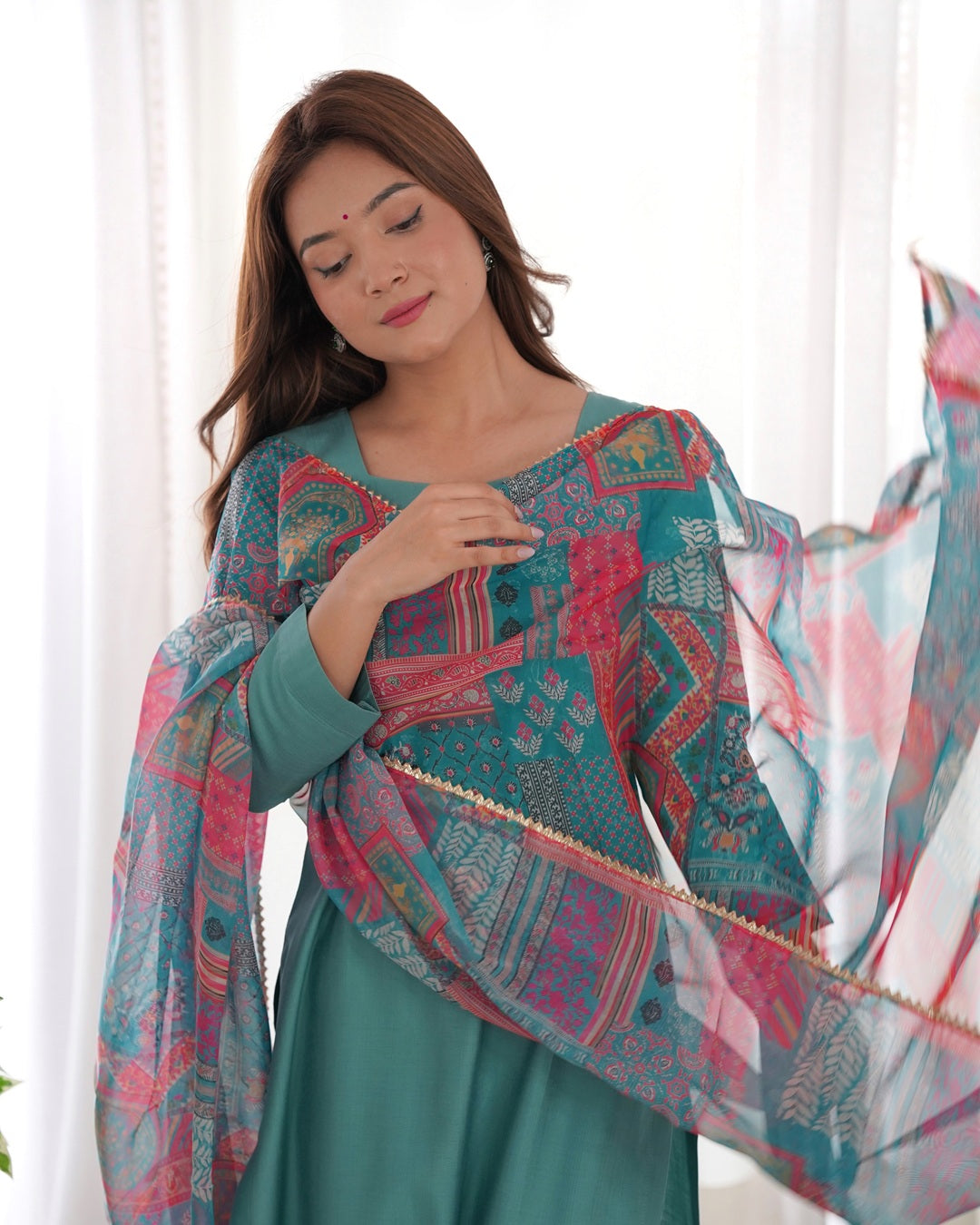 Sea Green Color Viscose Ready To wear Three Piece Kurti Suit