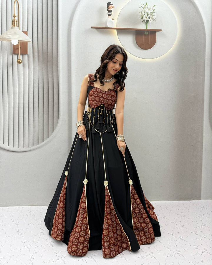 Black Ajrak Print Traditional Lehenga with Handcrafted Latkan