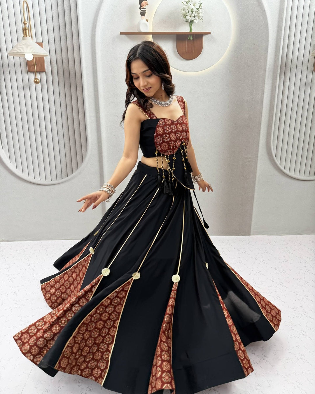 Black Ajrak Print Traditional Lehenga with Handcrafted Latkan