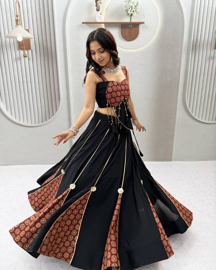 Black Ajrak Print Traditional Lehenga with Handcrafted Latkan