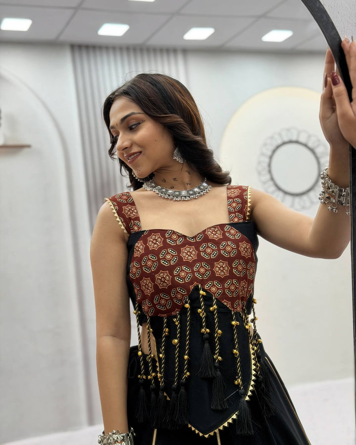 Black Ajrak Print Traditional Lehenga with Handcrafted Latkan