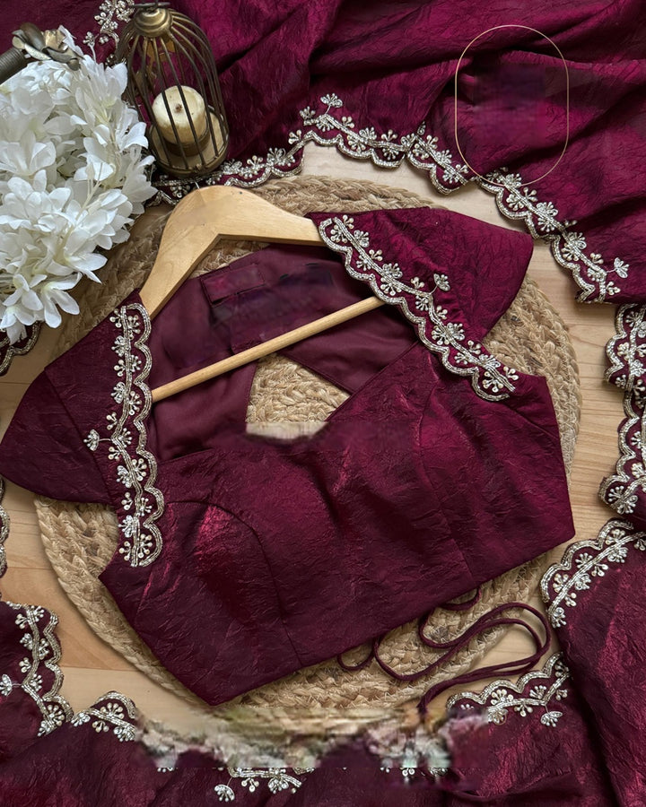 Wine Saree with Katdana and Pearl Embroidery