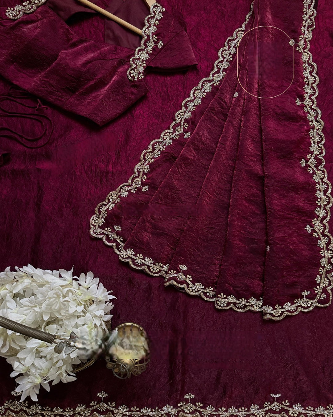 Wine Saree with Katdana and Pearl Embroidery