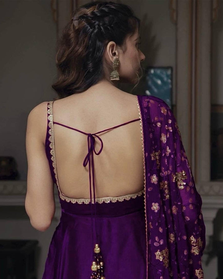 Purple Flowing Anarkali Suit – Sleeveless Style