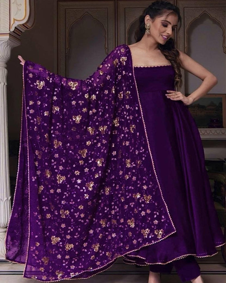 Purple Flowing Anarkali Suit – Sleeveless Style