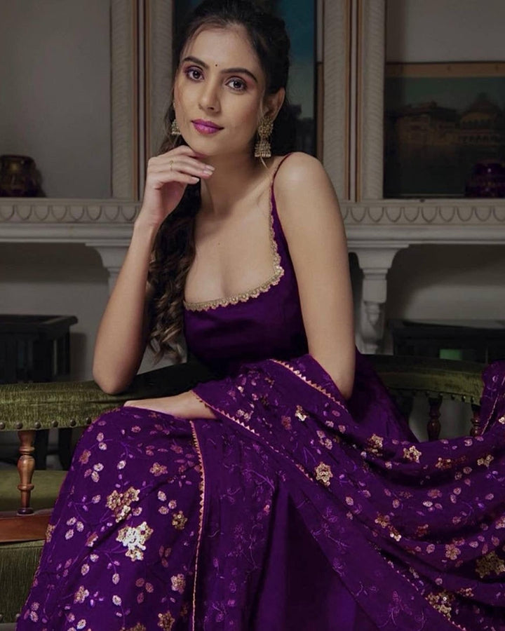 Purple Flowing Anarkali Suit – Sleeveless Style