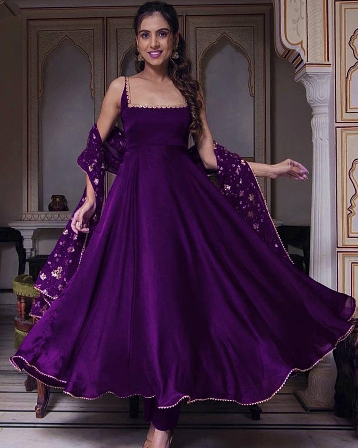 Purple Flowing Anarkali Suit – Sleeveless Style