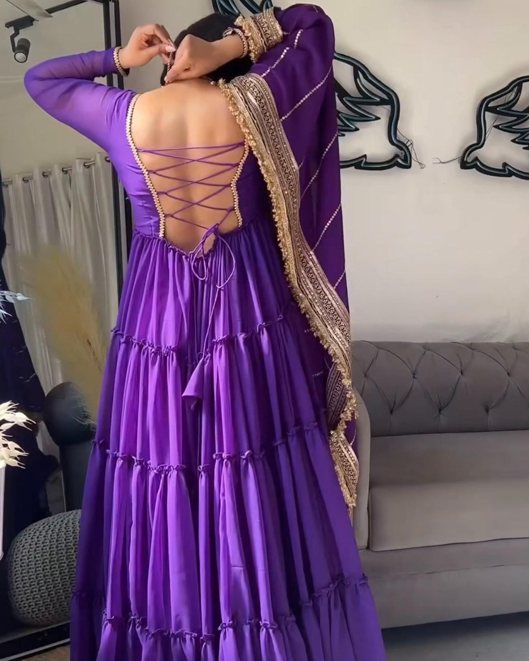 Purple Multi-Layer Anarkali Dress Ensemble