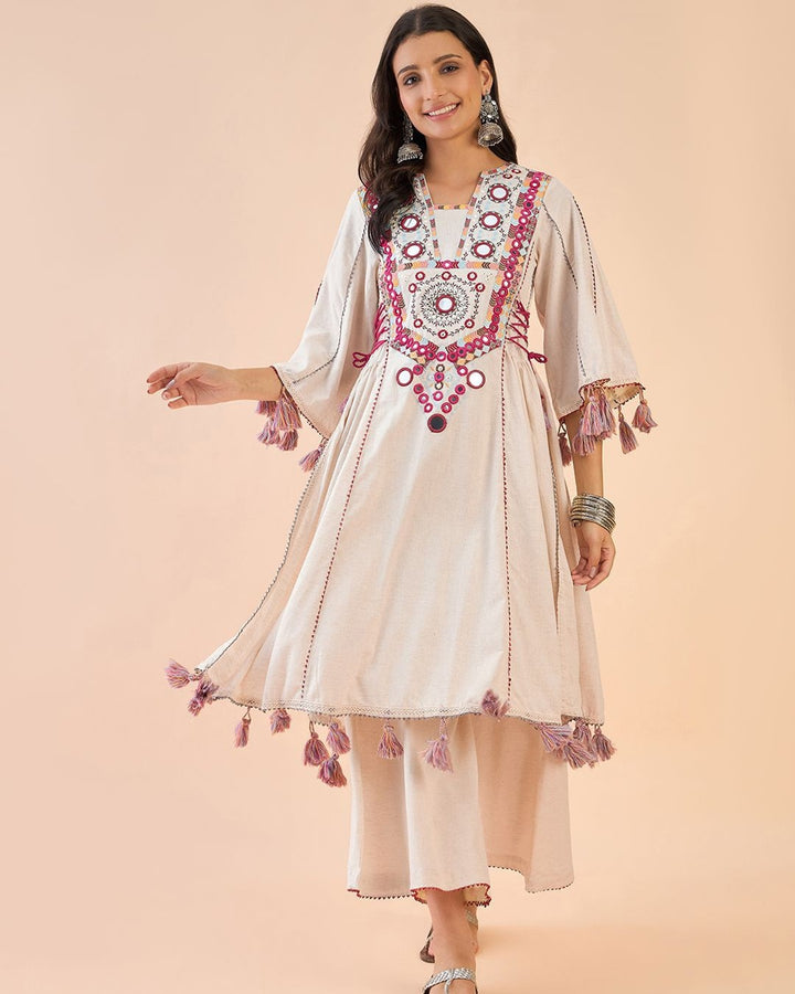 Women’s Mirror Work Kurta with Palazzos – Ethnic Embroidered Rayon
