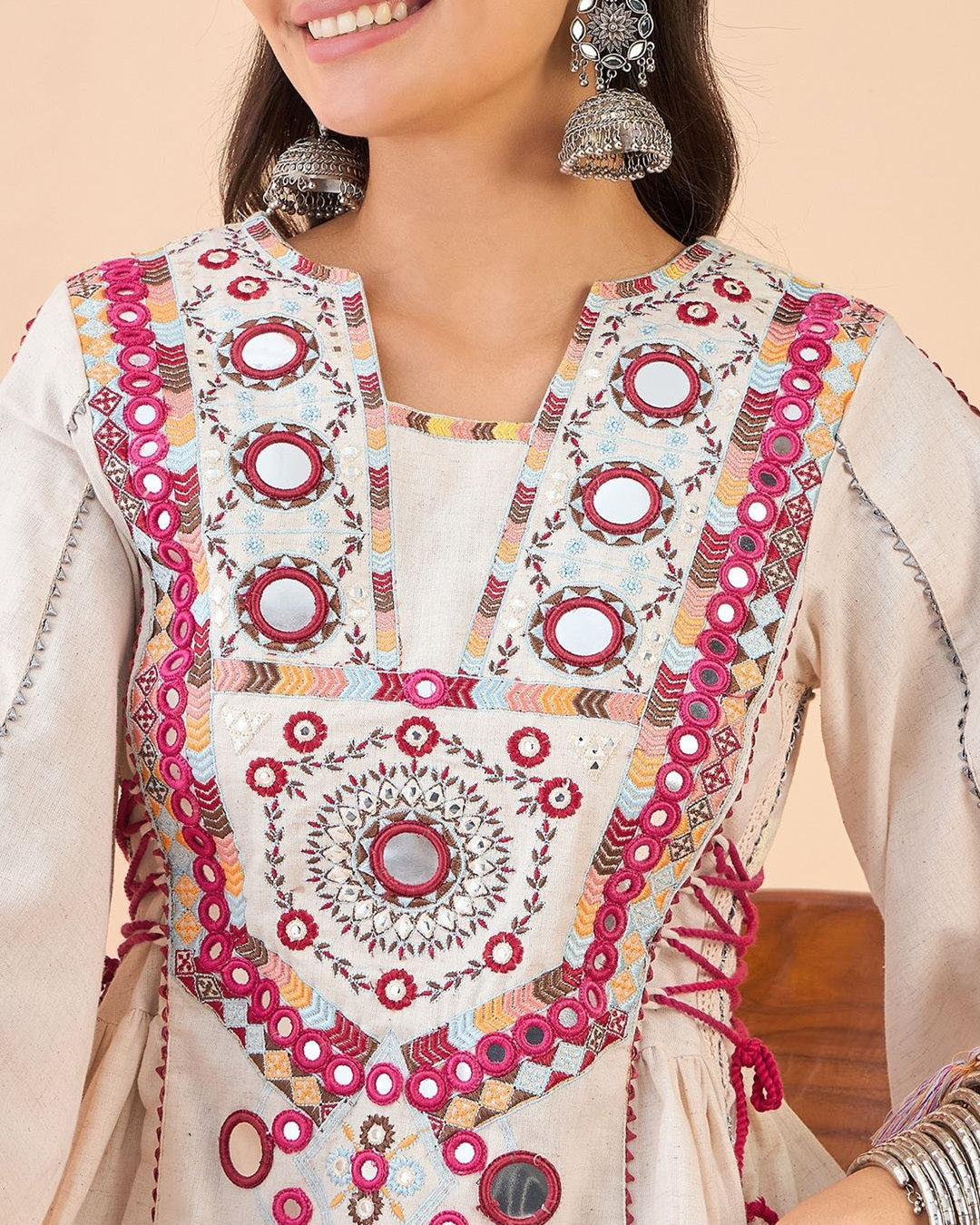 Women’s Mirror Work Kurta with Palazzos – Ethnic Embroidered Rayon