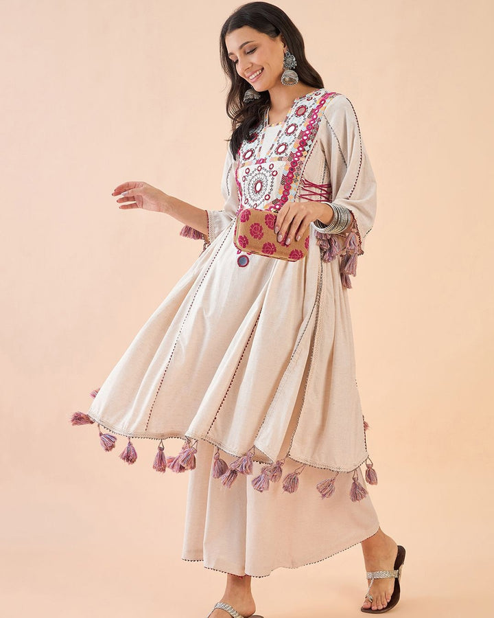 Women’s Mirror Work Kurta with Palazzos – Ethnic Embroidered Rayon