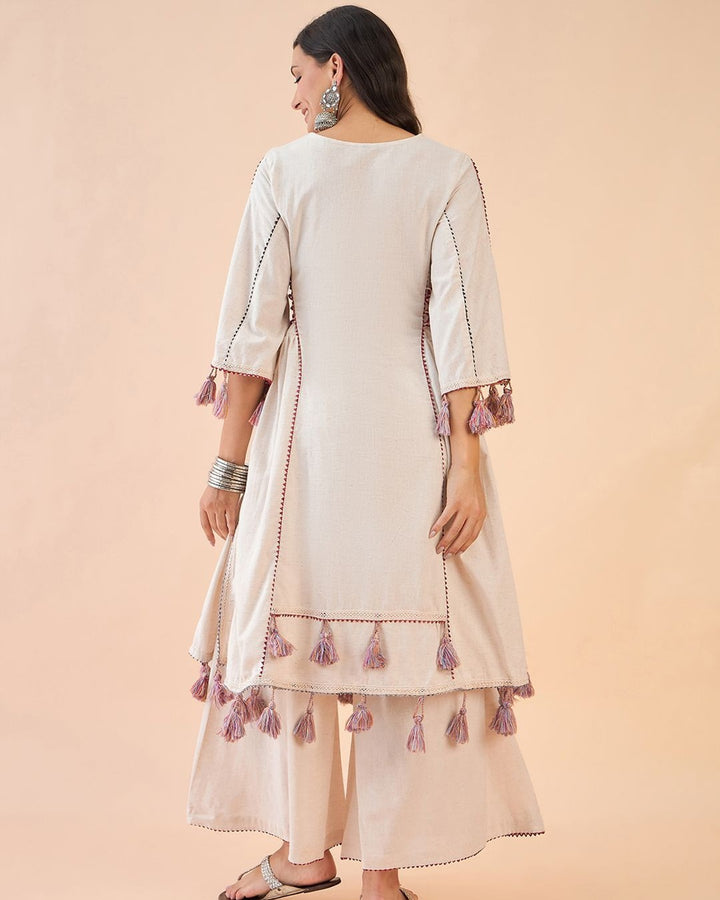 Women’s Mirror Work Kurta with Palazzos – Ethnic Embroidered Rayon