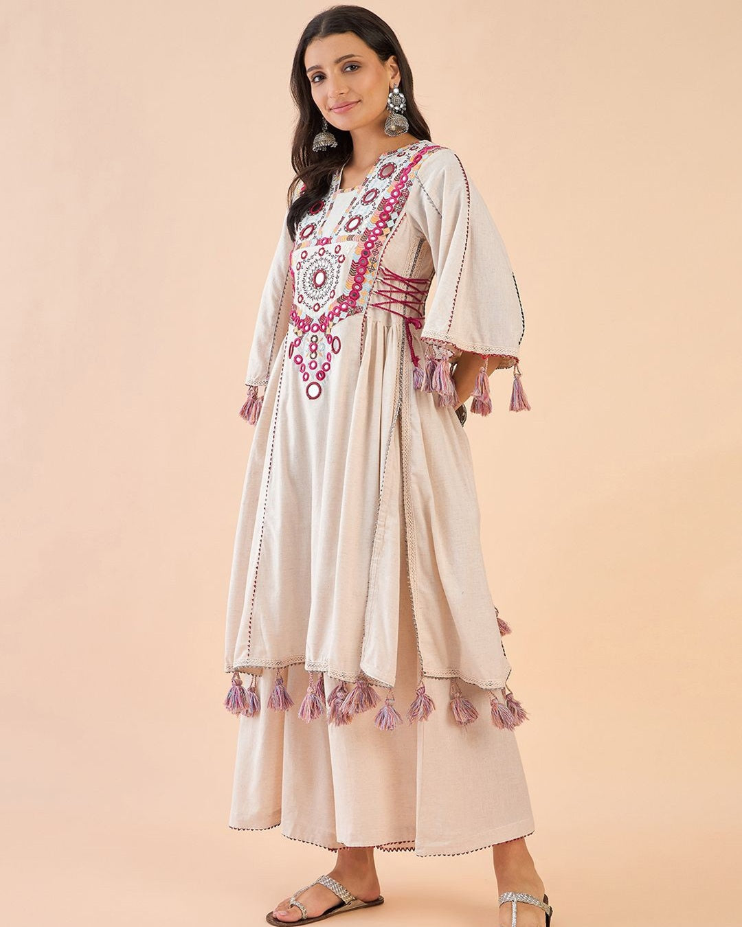 Women’s Mirror Work Kurta with Palazzos – Ethnic Embroidered Rayon