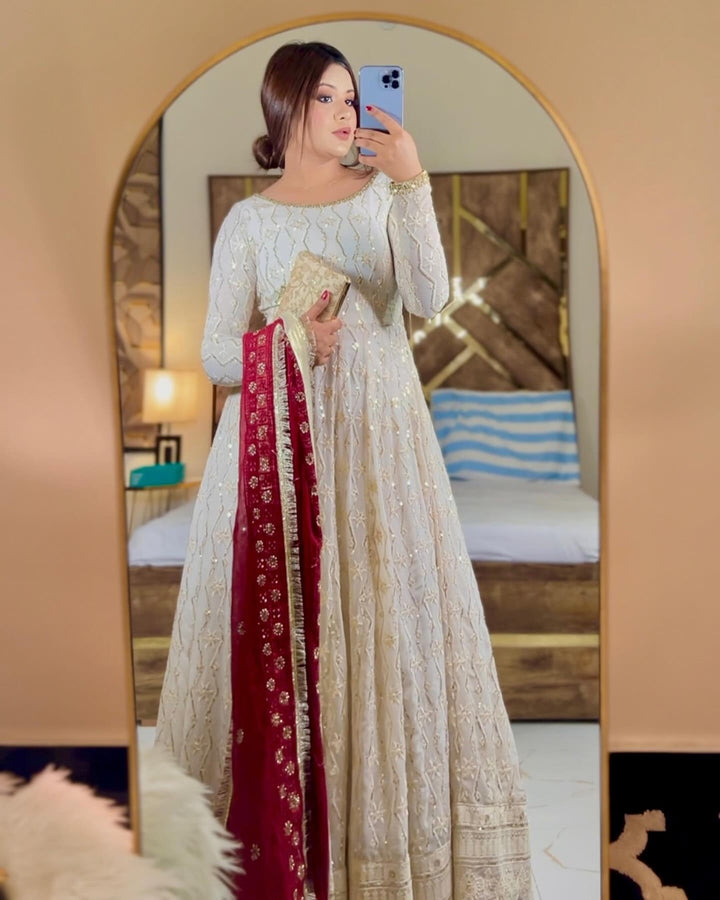White Elegance – Faux Blooming Anarkali Suit with Lucknowi Zari & Sequin Embroidery